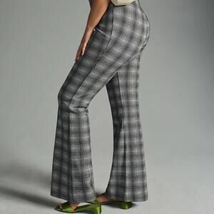 Maeve Anthropologie Plaid Flare Pants Black White High Rise Stretch Large
